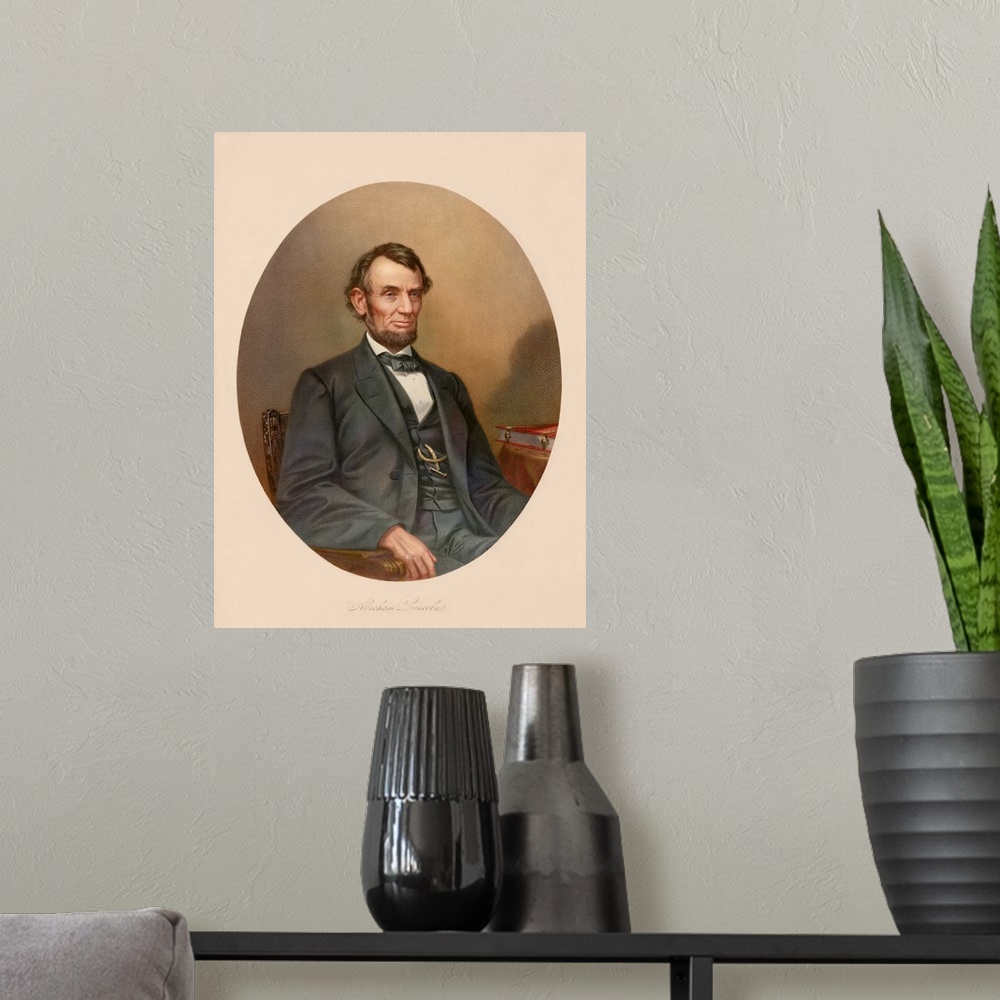 A modern room featuring Civil War artwork of President Abraham Lincoln sitting in a chair.
