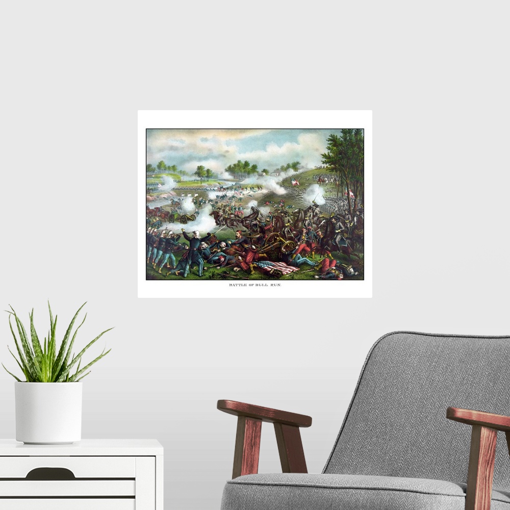 A modern room featuring Vintage Civil War painting of Union and Confederate troops fighting at The Battle of Bull Run, al...