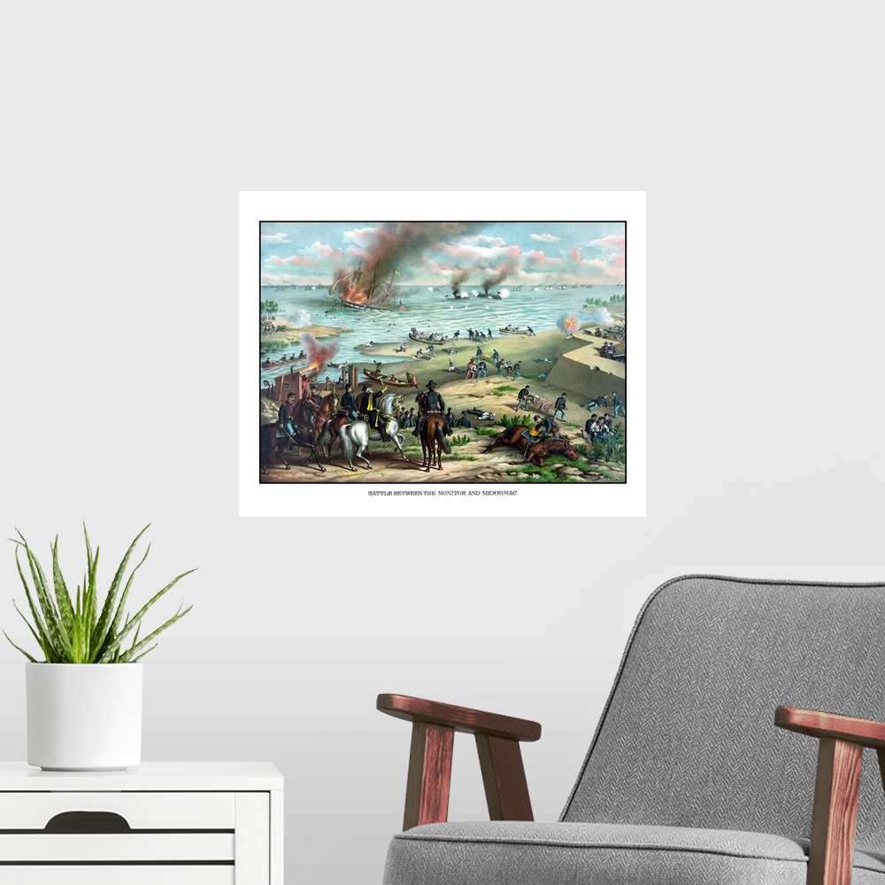 A modern room featuring Civil War print showing the Naval Battle of the Monitor and The Merrimack, also known as the Batt...