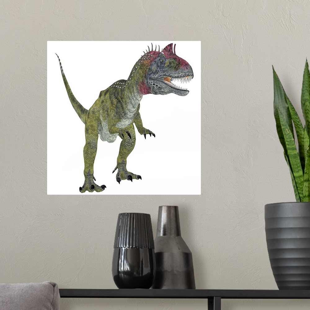 A modern room featuring Cryolophosaurus dinosaur, white background. Cryolophosaurus was a theropod dinosaur that lived in...
