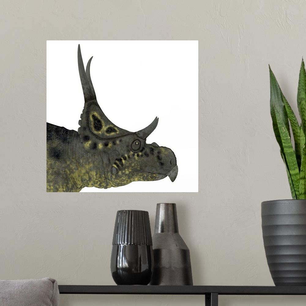 A modern room featuring Diabloceratops dinosaur head.