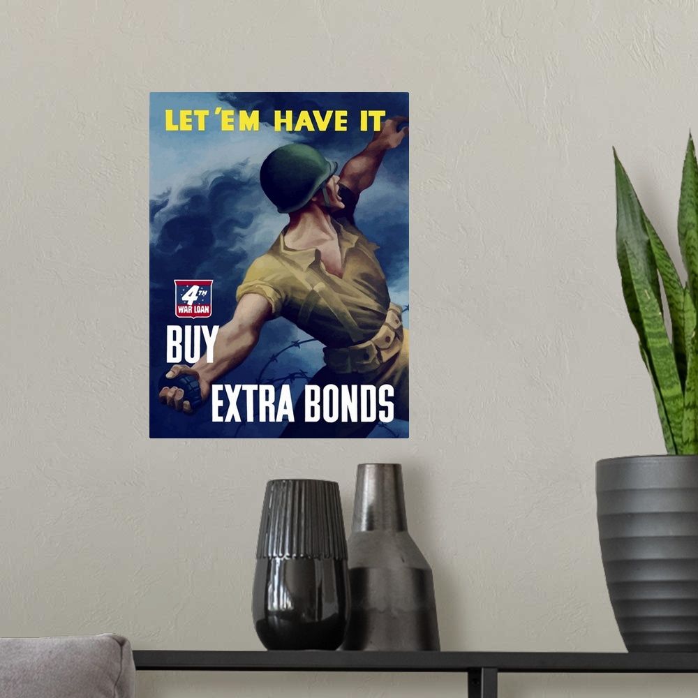 A modern room featuring Digitally restored vector war propaganda poster. This vintage war poster features a soldier tossi...