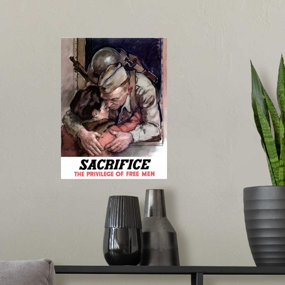 A modern room featuring Digitally restored vector war propaganda poster. This vintage World War II poster features a sold...