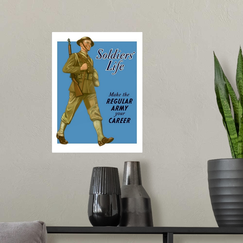A modern room featuring Digitally restored vector war propaganda poster. This vintage World War II poster features a smil...