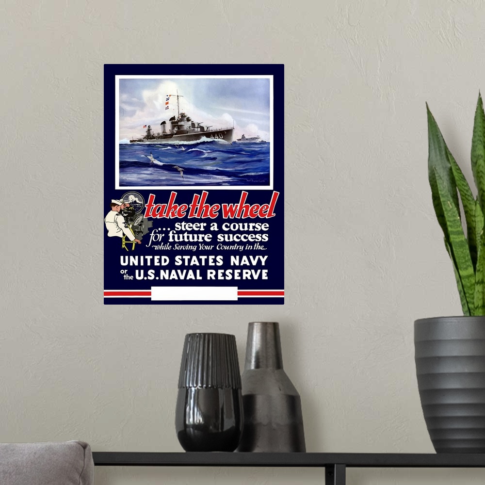 A modern room featuring Digitally restored vector war propaganda poster. This vintage World War II Navy poster features U...