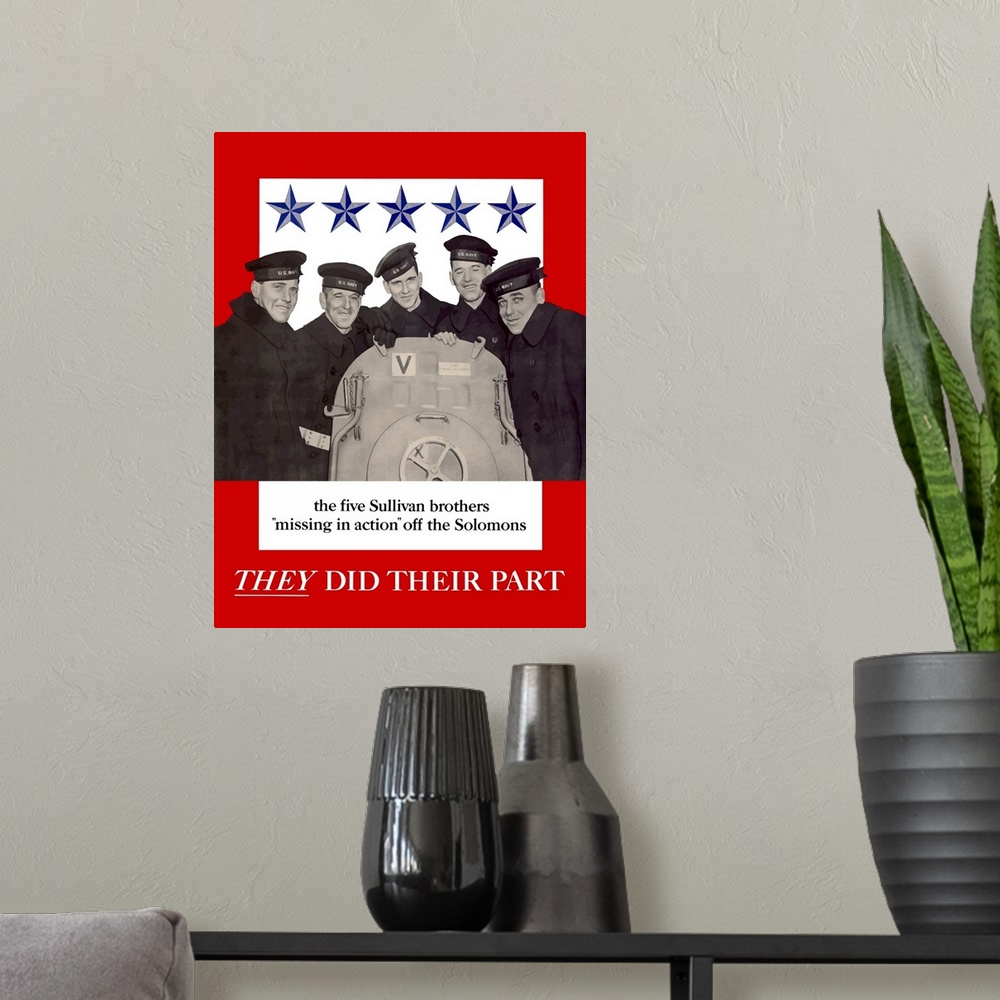 A modern room featuring Digitally restored vector war propaganda poster. This vintage war poster features The Fighting Su...