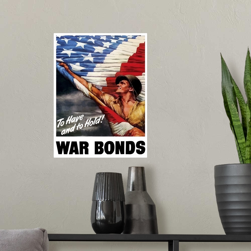 A modern room featuring Digitally restored vector war propaganda poster. This vintage World War Two poster features an Am...