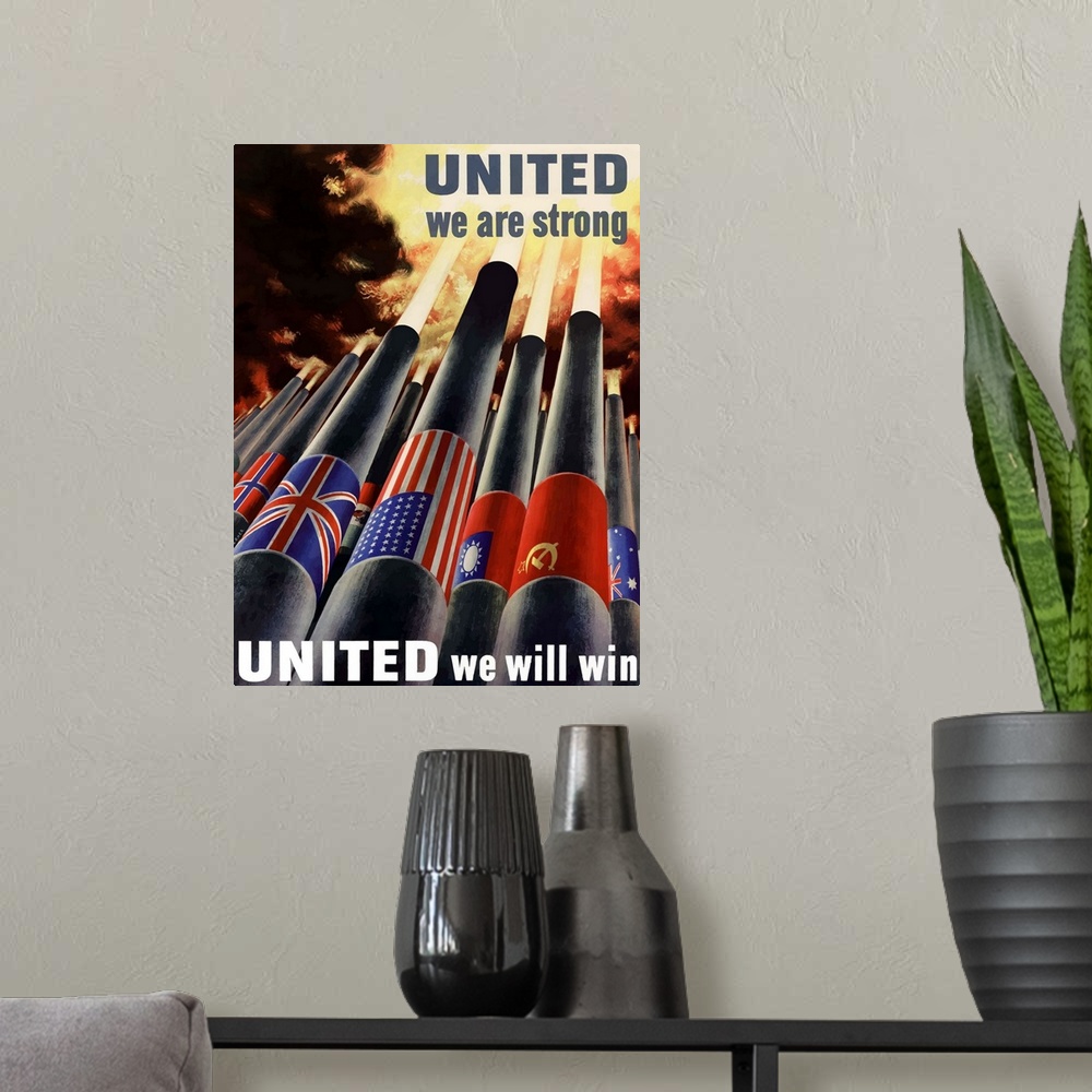 A modern room featuring Digitally restored vector war propaganda poster. This vintage war poster declares - United We Are...