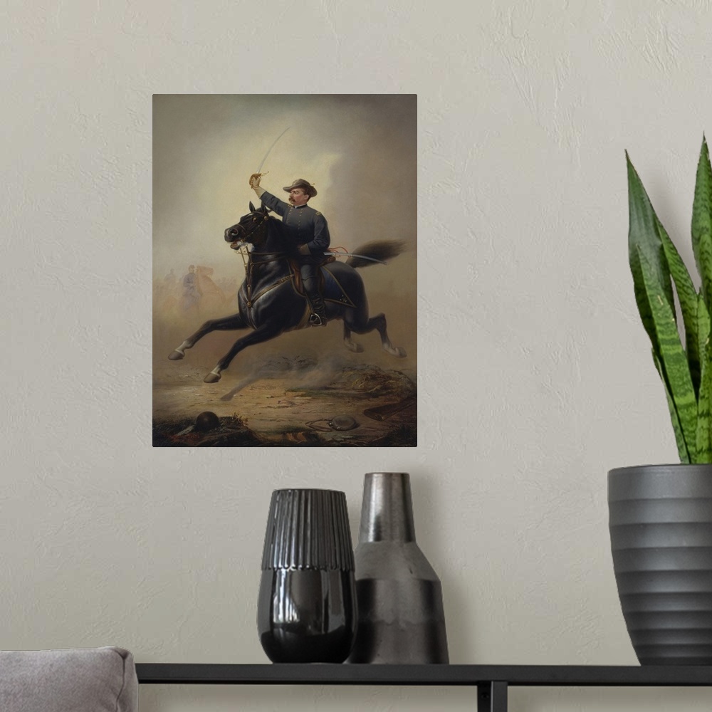 A modern room featuring Vintage American Civil War painting of General Philip Sheridan making his famous ride from Winche...