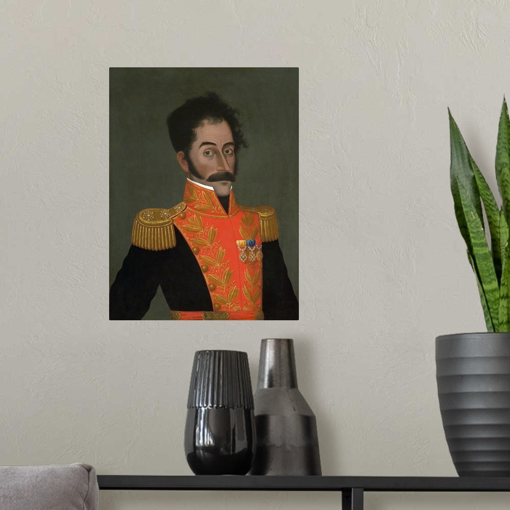 A modern room featuring Portrait painting of Simon Bolivar, a Venezuelan military and political leader.