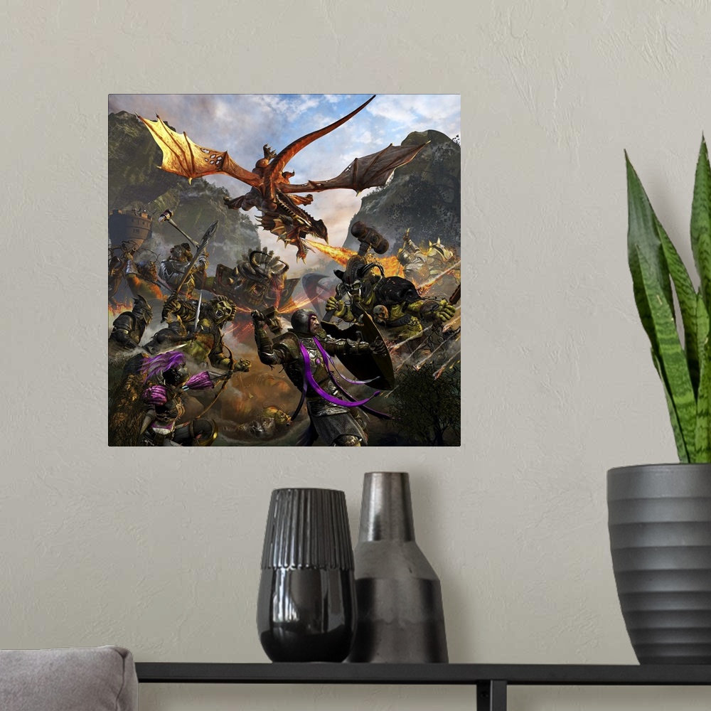 A modern room featuring Red dragon and orcs attacking Royal Knights with archers in the valley.