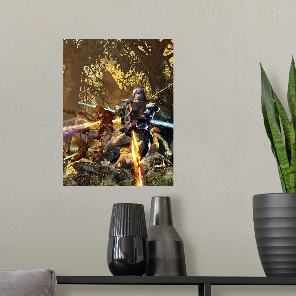 A modern room featuring Space marine fighting Mechs in the woods.