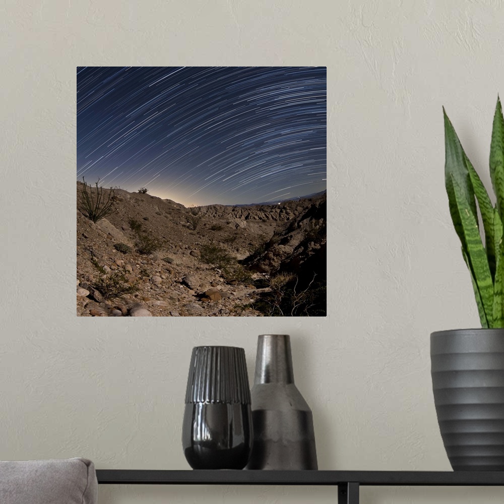 A modern room featuring Star trails over one of the many rugged canyons in the Santa Rosa Mountains. Anza Borrego Desert ...