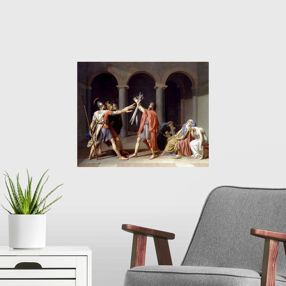 A modern room featuring Painting depicting the three ancient Roman Horatii brothers saluting their father as he holds the...