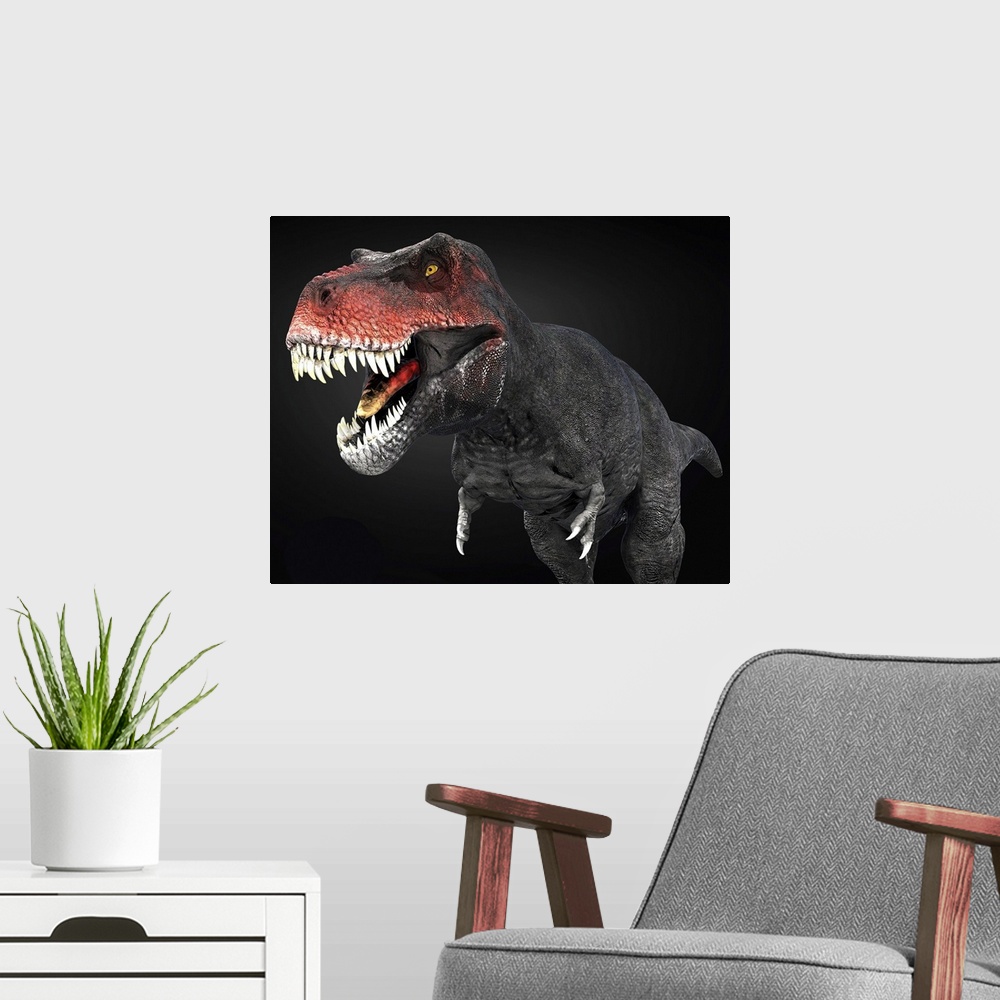 A modern room featuring Tyrannosaurus rex dinosaur, close-up.