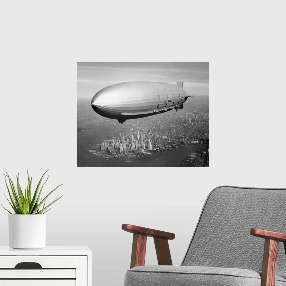 A modern room featuring USS Macon Airship flying over New York City.
