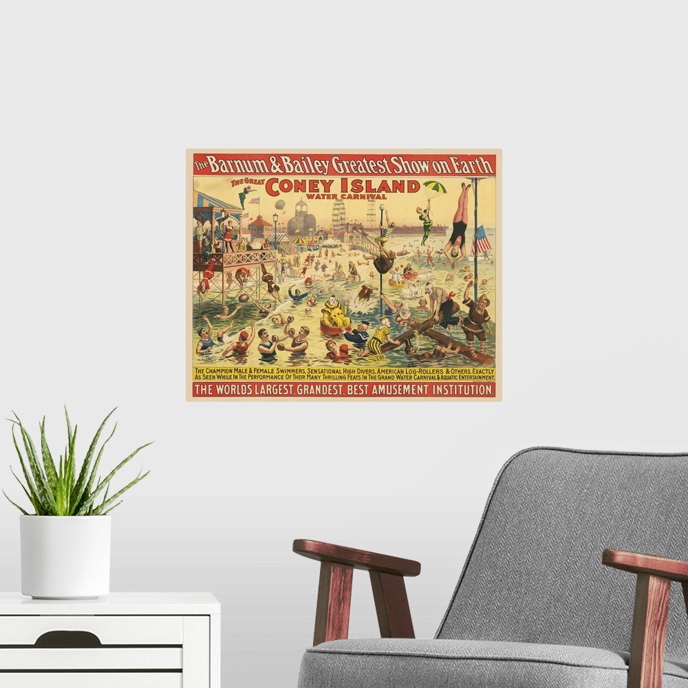 A modern room featuring Vintage Barnum & Bailey Circus Poster Of Costumed People Performing At The Beach, 1898