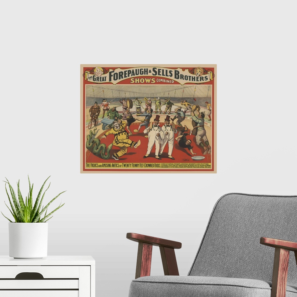 A modern room featuring Vintage Circus Poster Of Clowns For Adam Forepaugh & Sells Brothers