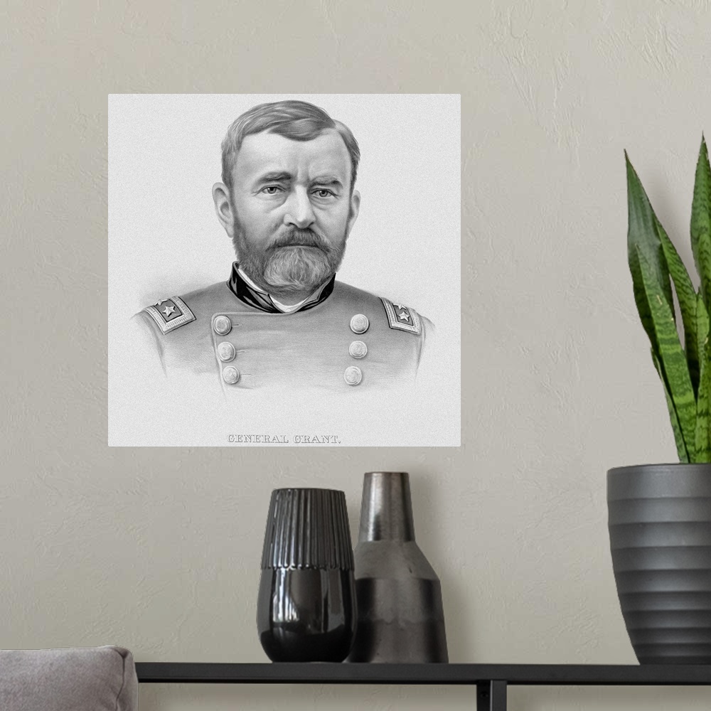 A modern room featuring Vintage Civil War Print of General Ulysses S. Grant, wearing his military uniform.