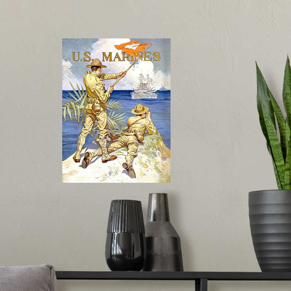 A modern room featuring Vintage World War One poster of two marines signaling a ship with a flag. It reads, U.S. Marines.