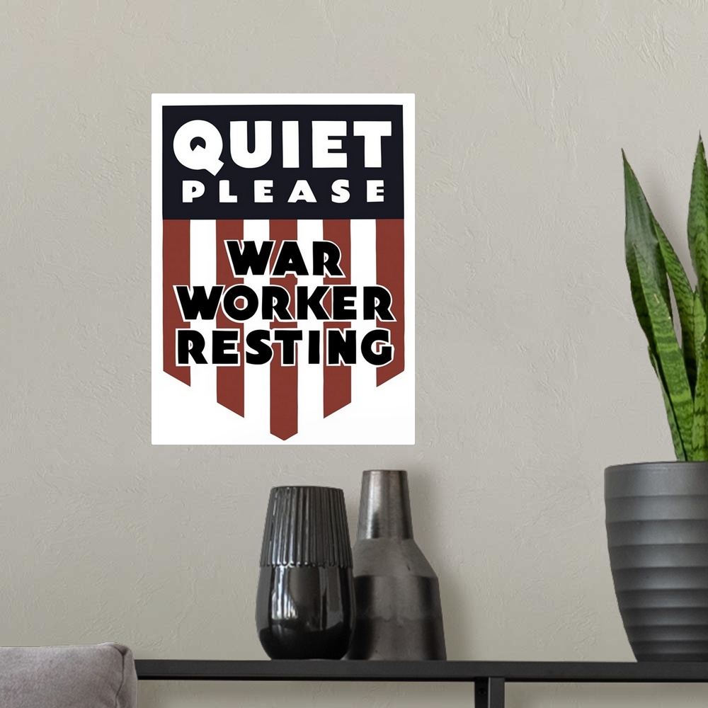 A modern room featuring Vintage World War II poster featuring a red, white, and blue shield