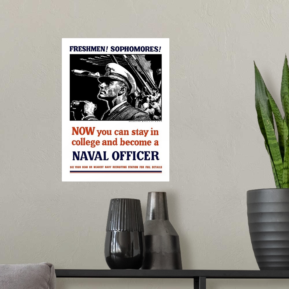 A modern room featuring Vintage World War II poster of a U.S. Naval Officer holding binoculars. Behind him sailors fire a...