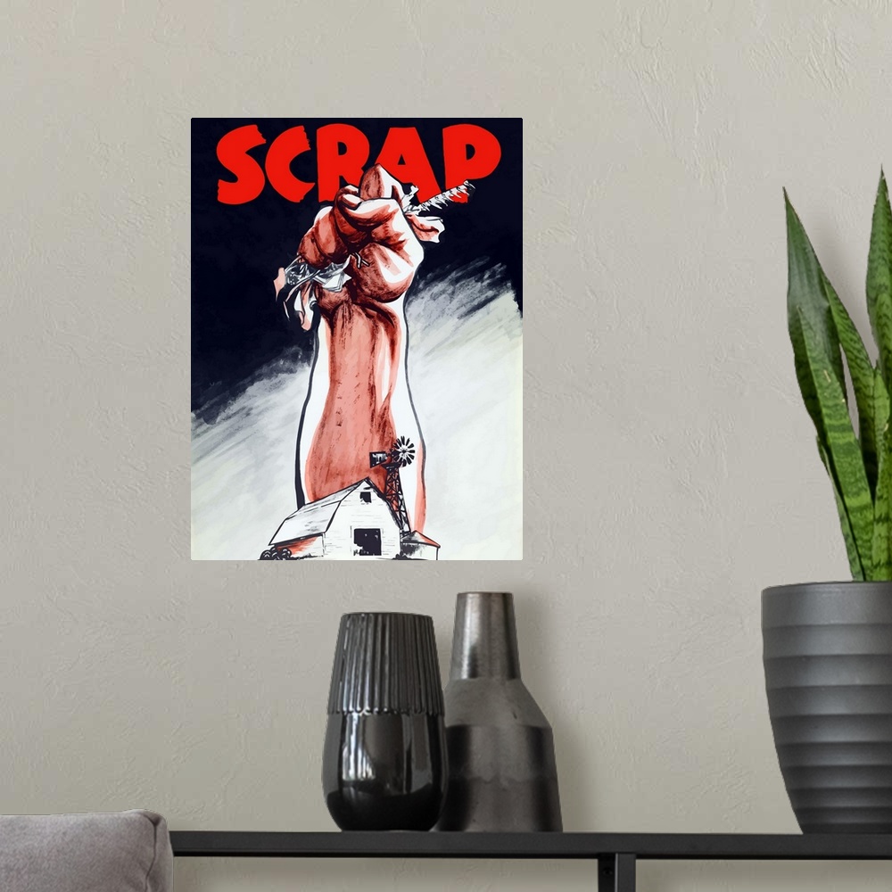 A modern room featuring Vintage World War II poster of an arm emerging from a farm holding scrap metal. It reads, Scrap.