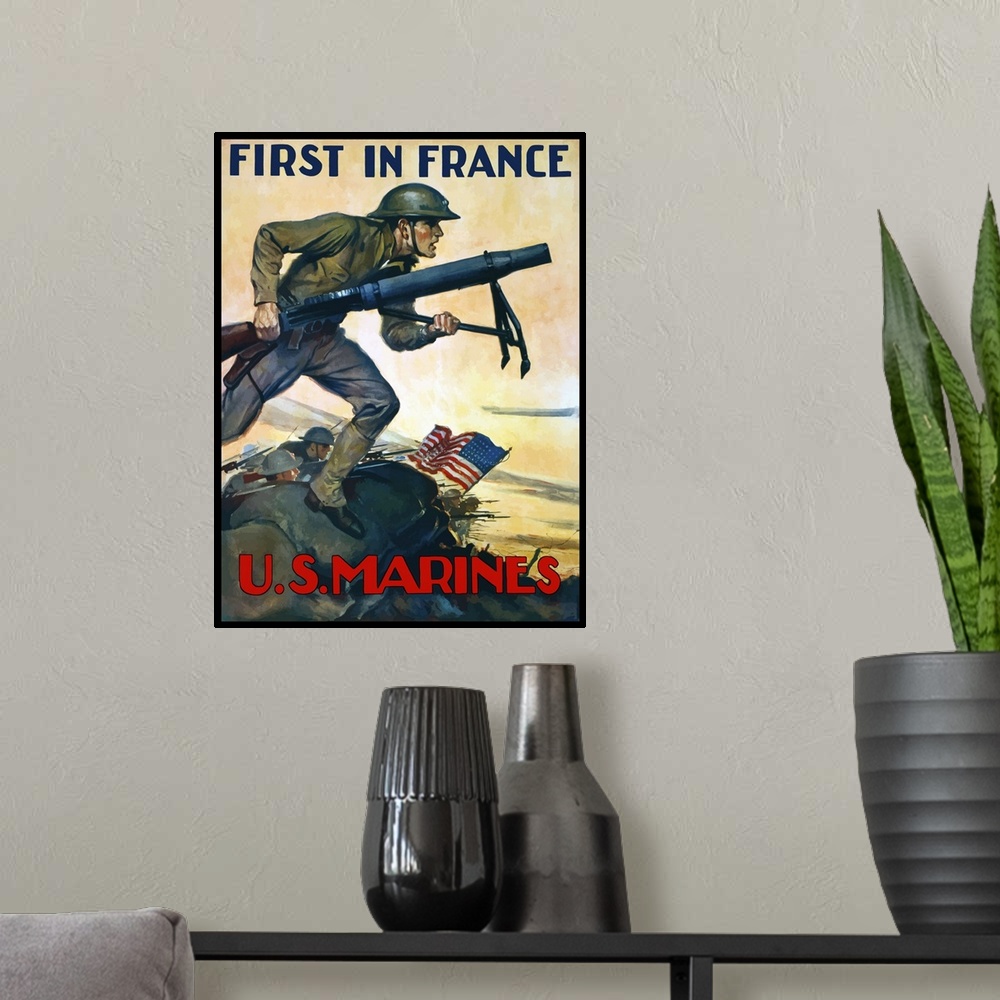 A modern room featuring Vintage World War One poster of Marines charging into battle behind the American flag. It declare...