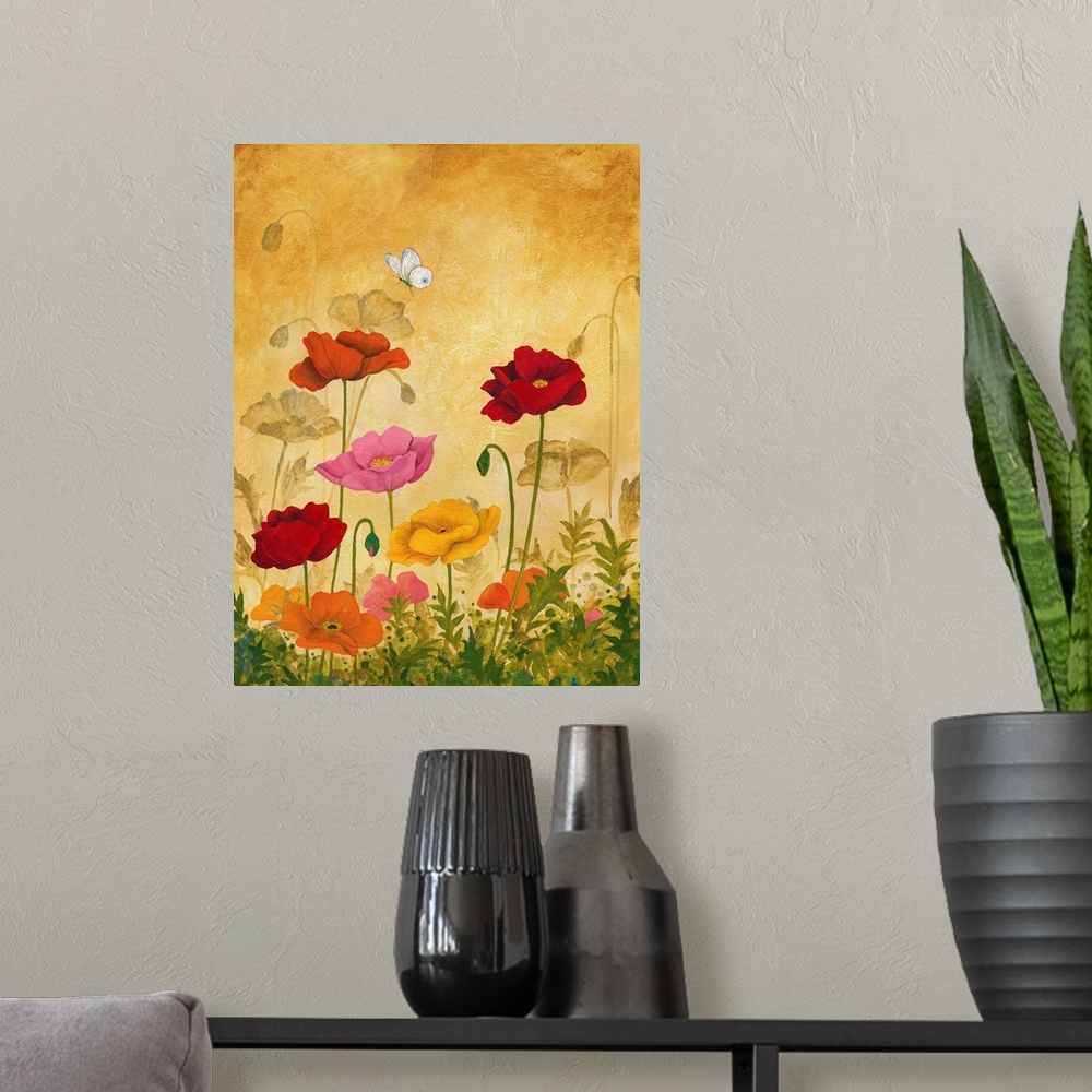 A modern room featuring Asian style artwork of a garden of red, pink, and orange poppies.