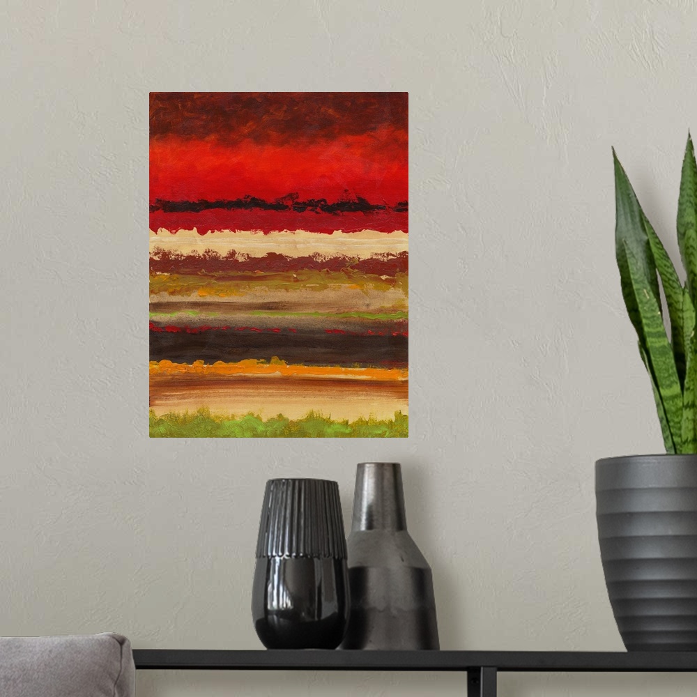 A modern room featuring Abstract painting of horizontal layers in shades of red and green.