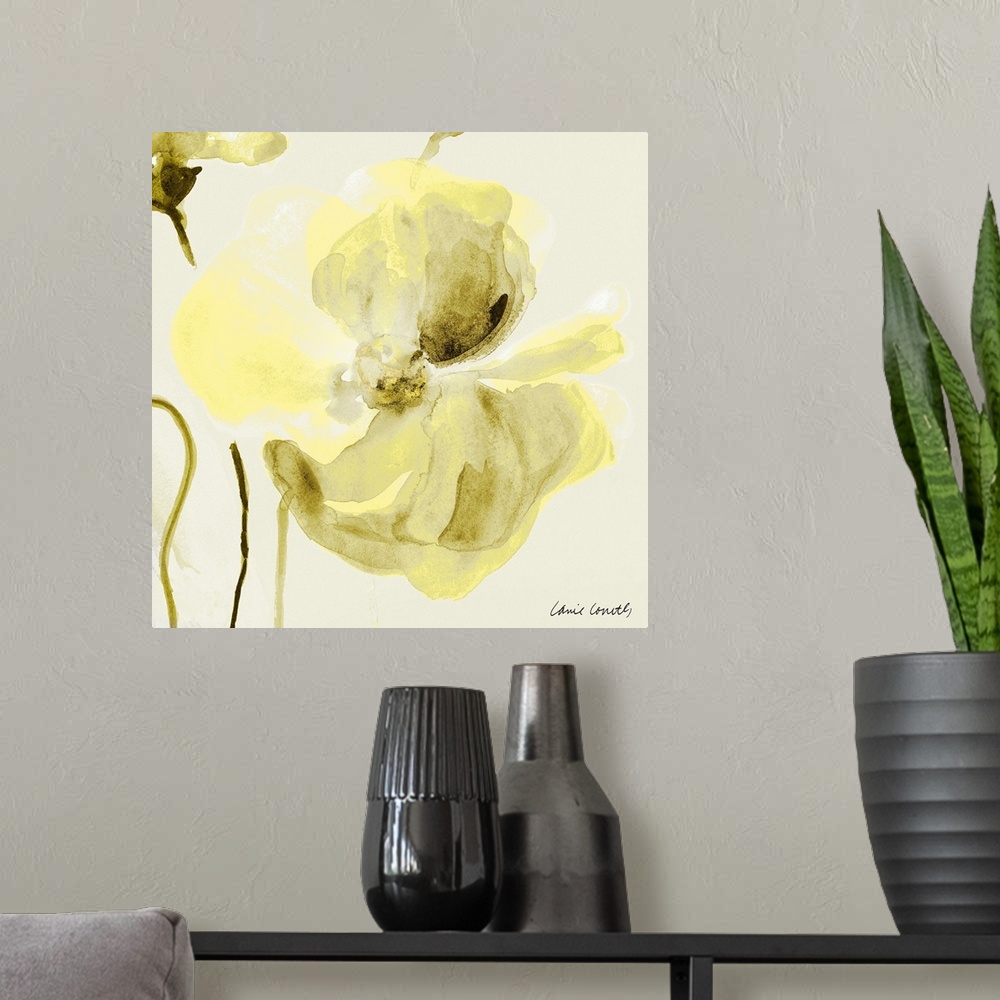 A modern room featuring Square abstract painting of a bright yellow poppy.