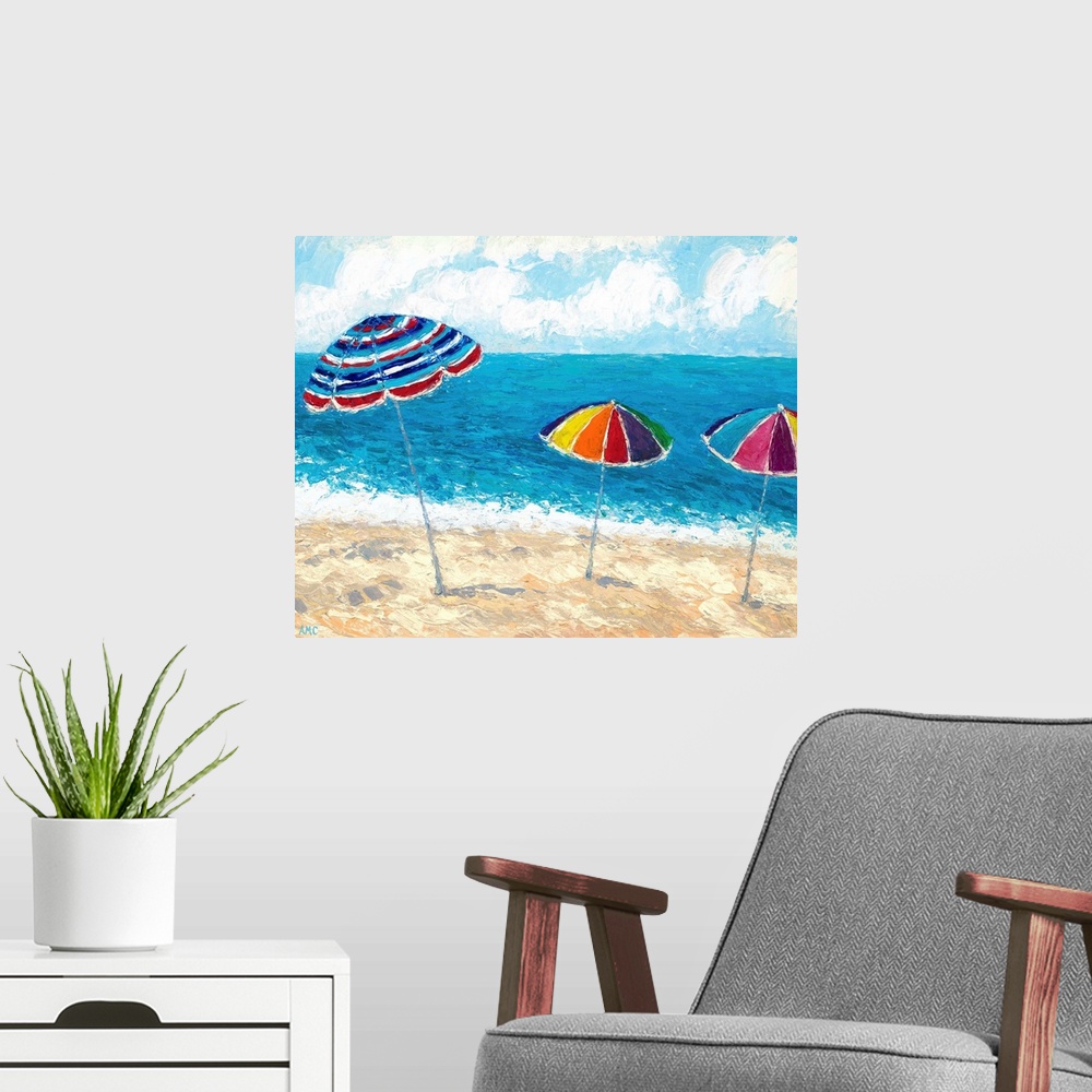 A modern room featuring Painting of three beach umbrellas in the sand, overlooking the ocean.