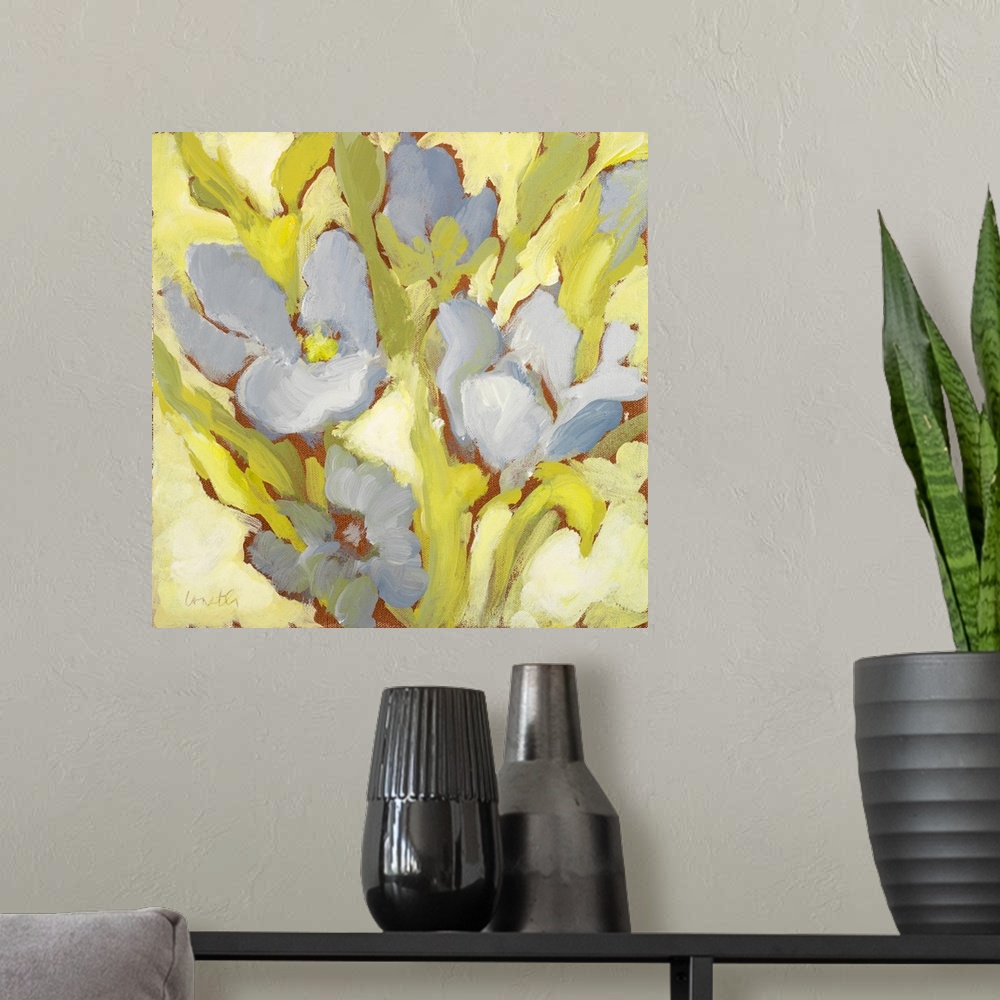 A modern room featuring Contemporary painting of a group of pale blue flowers.