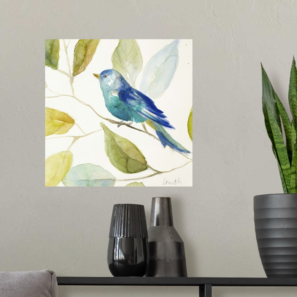 A modern room featuring Square watercolor painting of a bird made with different shades of blue perched on a tree branch,...
