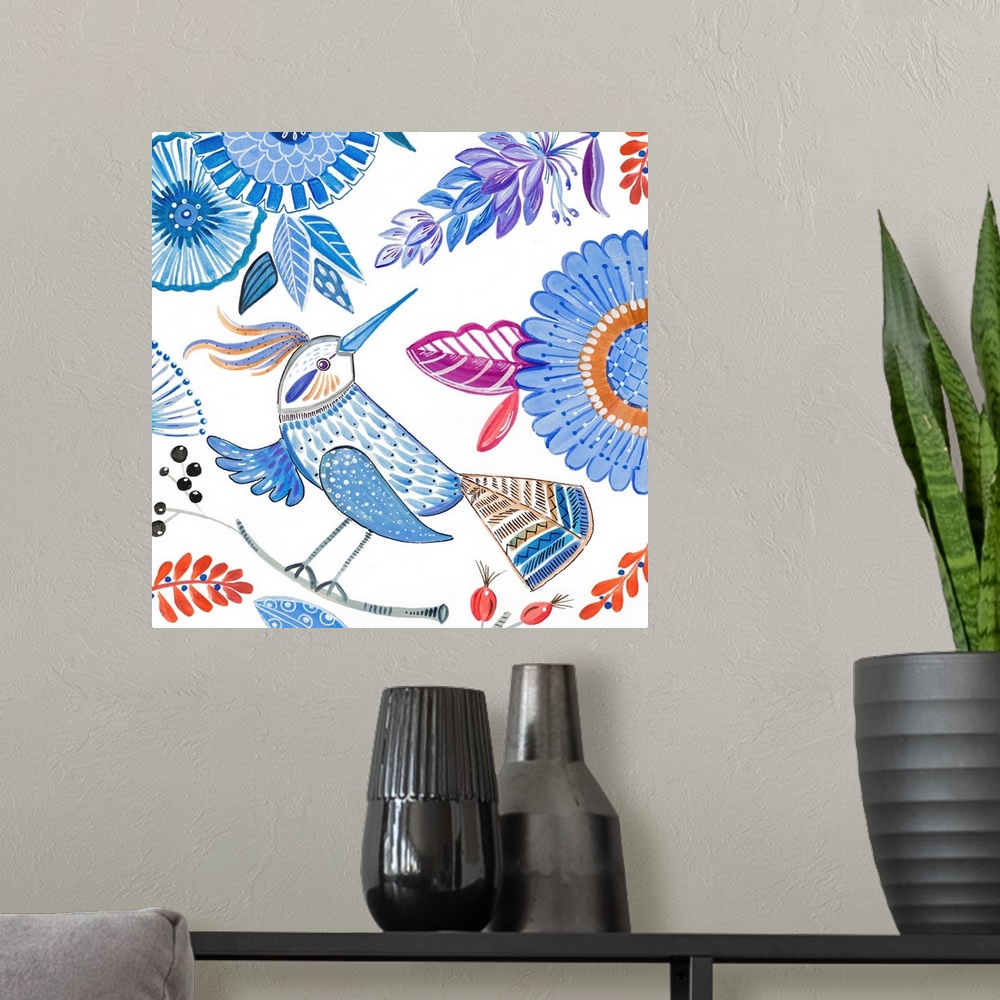 A modern room featuring Bird With Flowers I
