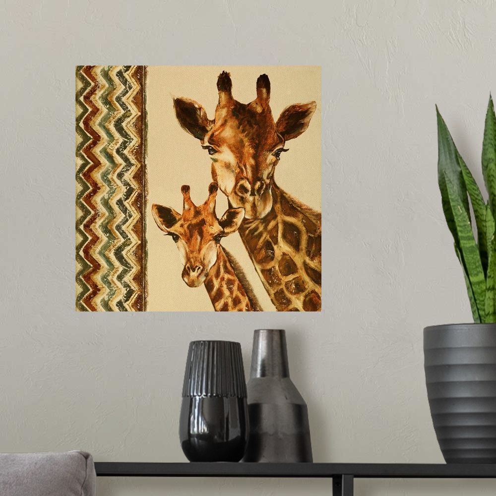 A modern room featuring A mother and baby giraffe with a chevron pattern.