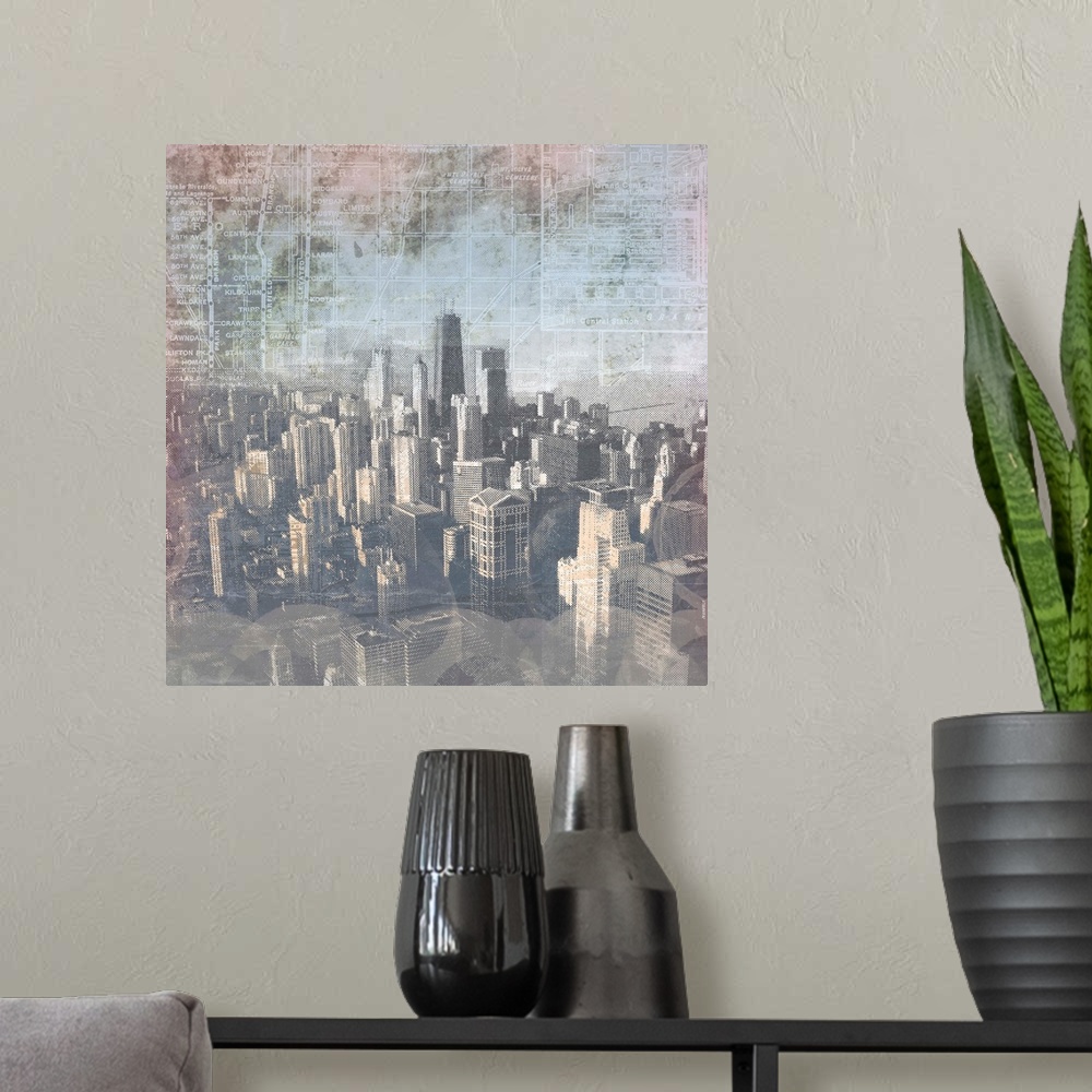 A modern room featuring Skyscrapers in Chicago against a grunge-textured map.