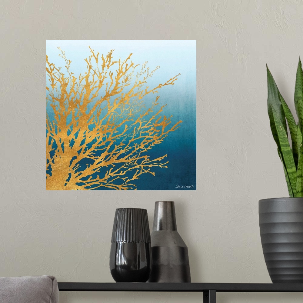 A modern room featuring Decorative artwork of a coral silhouette against a gradient.