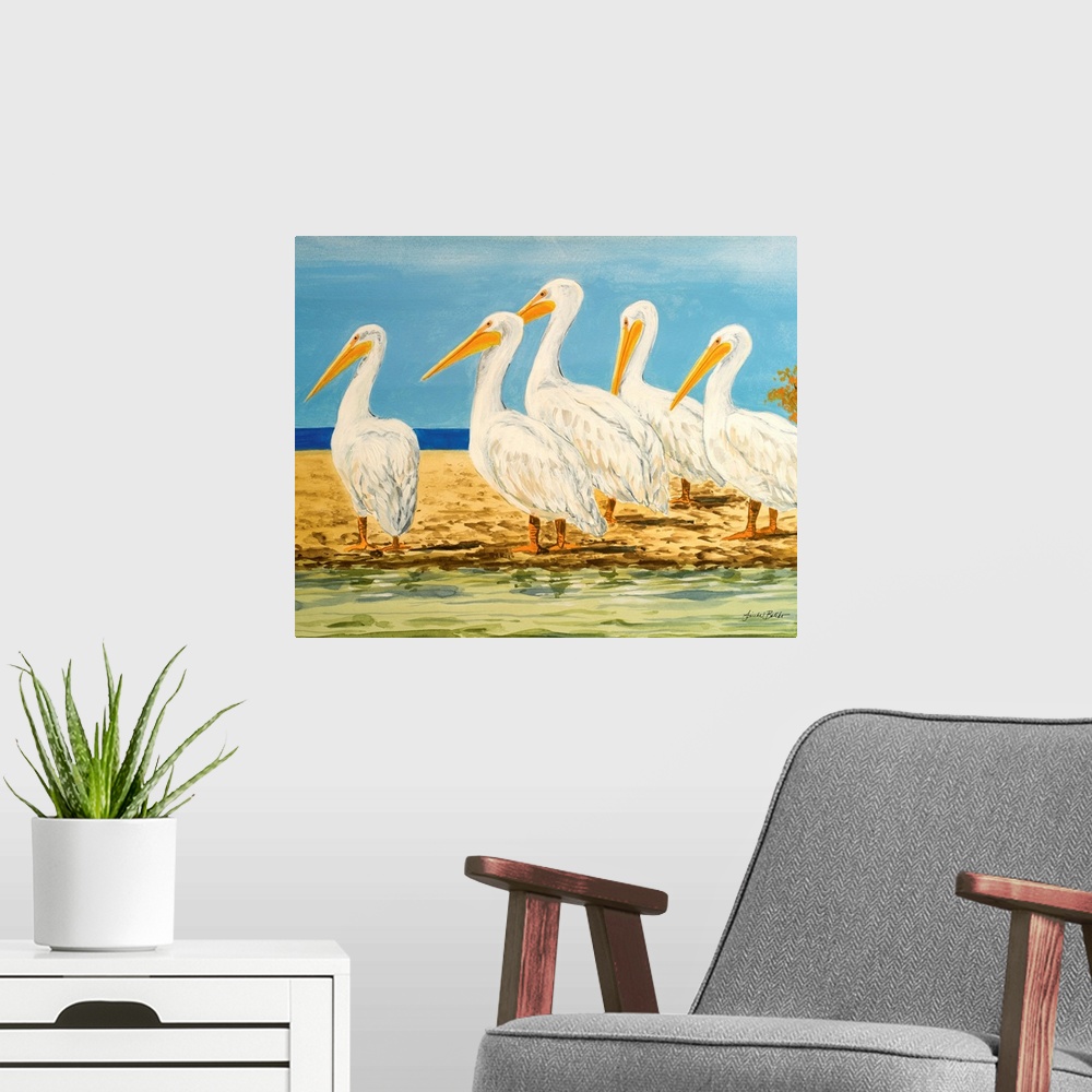 A modern room featuring Contemporary painting of a group of pelicans standing on a beach.