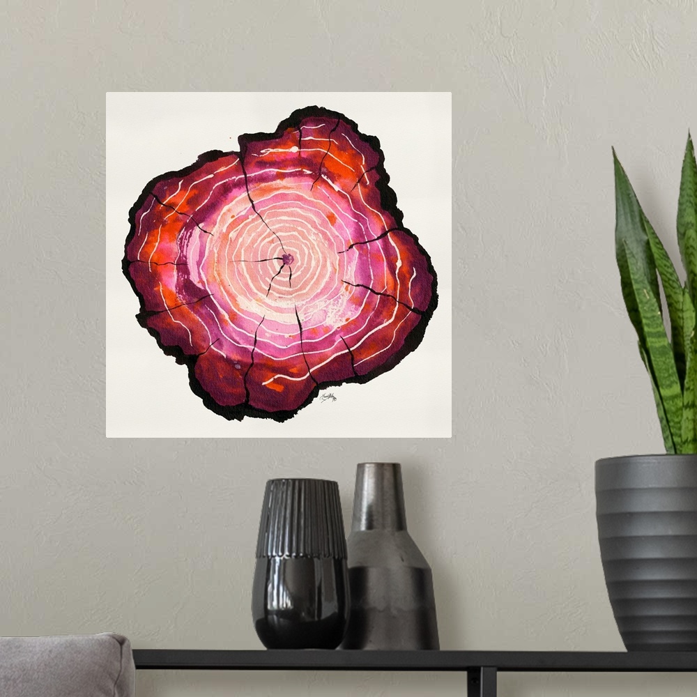 A modern room featuring Square watercolor painting of a tree trunk in shades of pink with white tree rings.