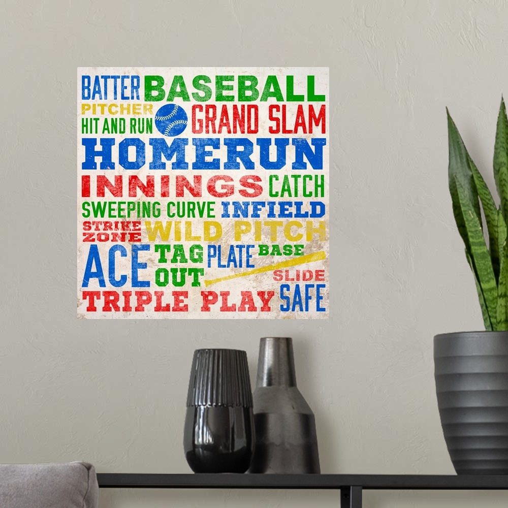 A modern room featuring Colorful Baseball Typography