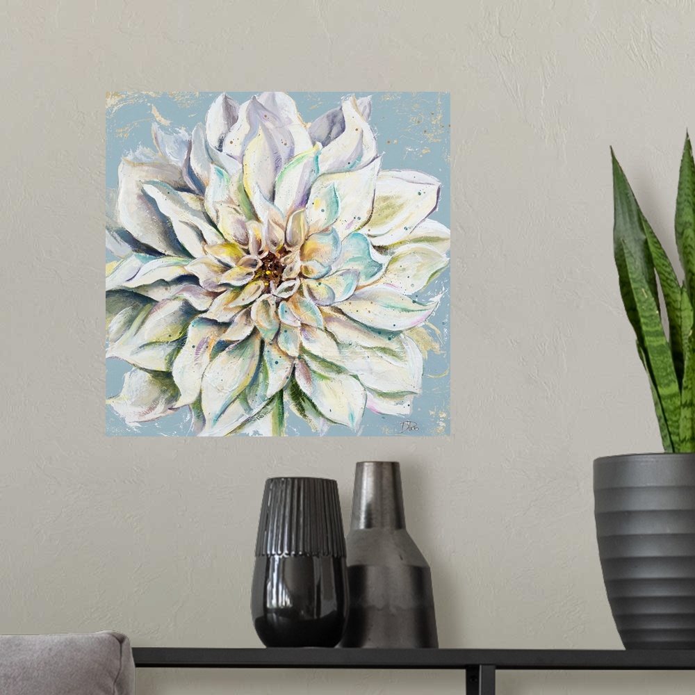 A modern room featuring A contemporary painting of a cool toned dahlia on a blue and tan background.