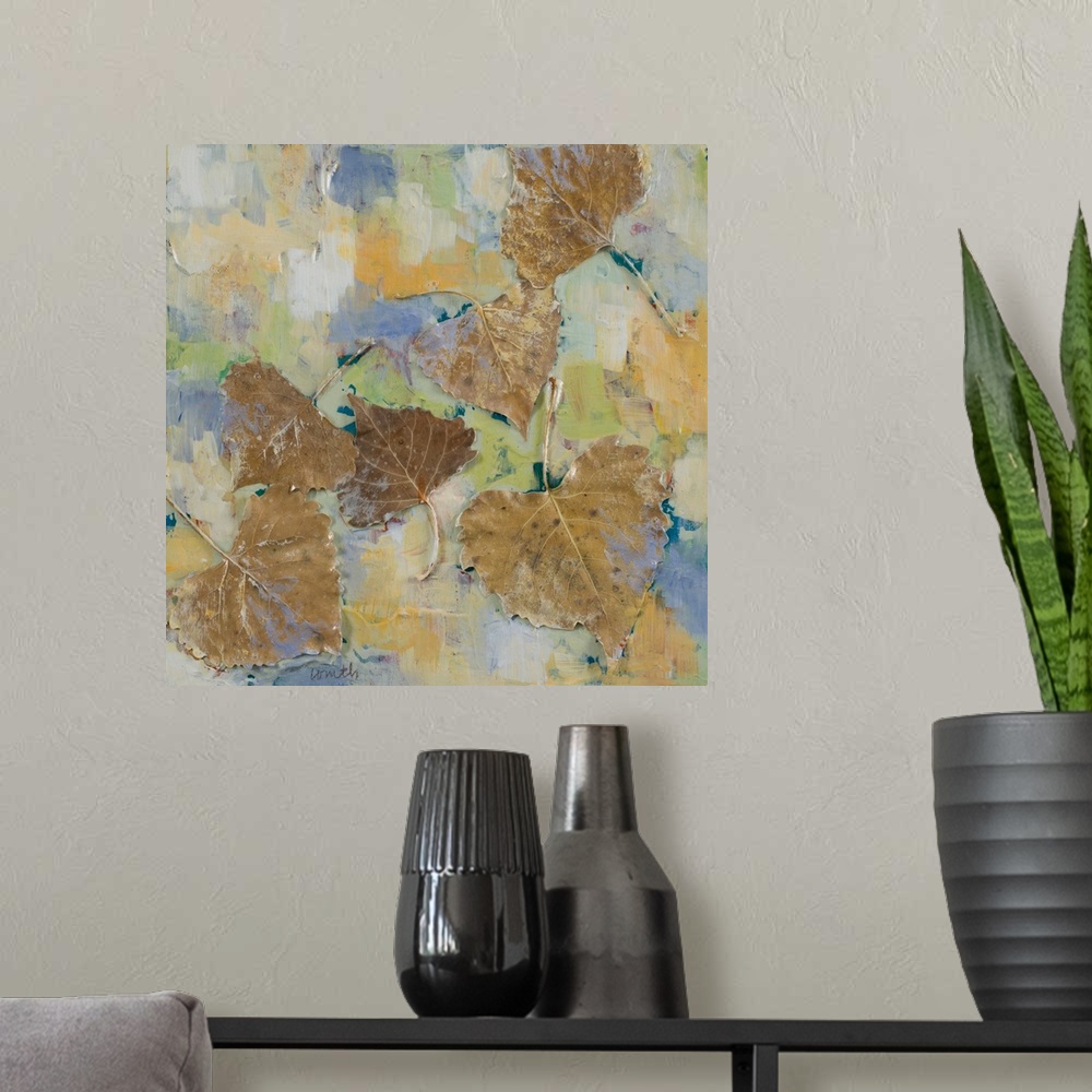 A modern room featuring Contemporary painting with several brown leaves surrounded by abstract color.