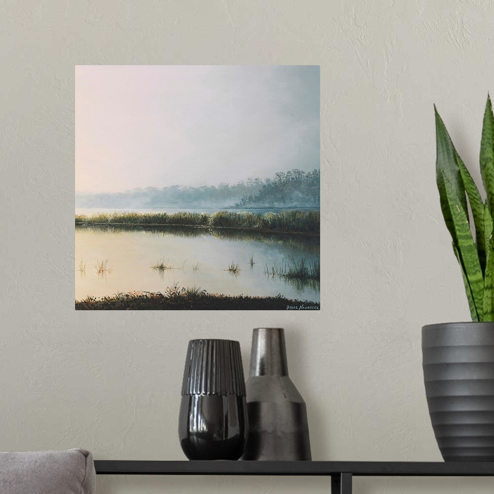 A modern room featuring Contemporary painting of a lake in early morning, with fog rising off the water.
