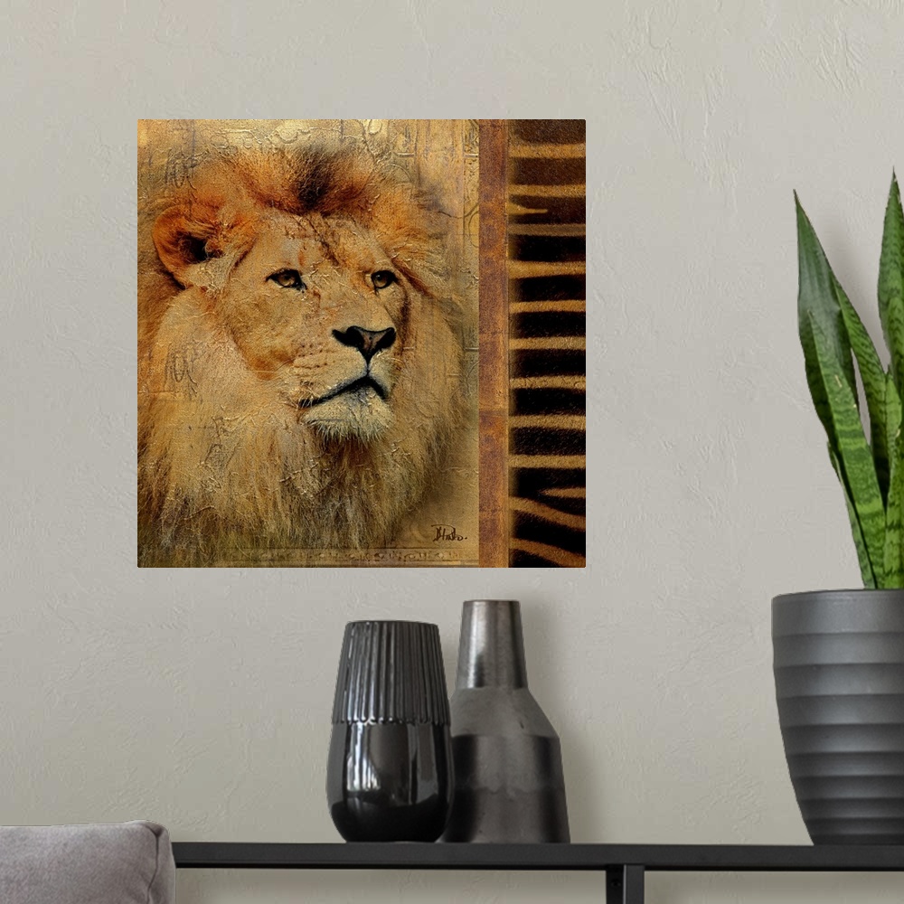 A modern room featuring Artwork of just the face of a lion with a zebra pattern on the right side of the painting. There ...