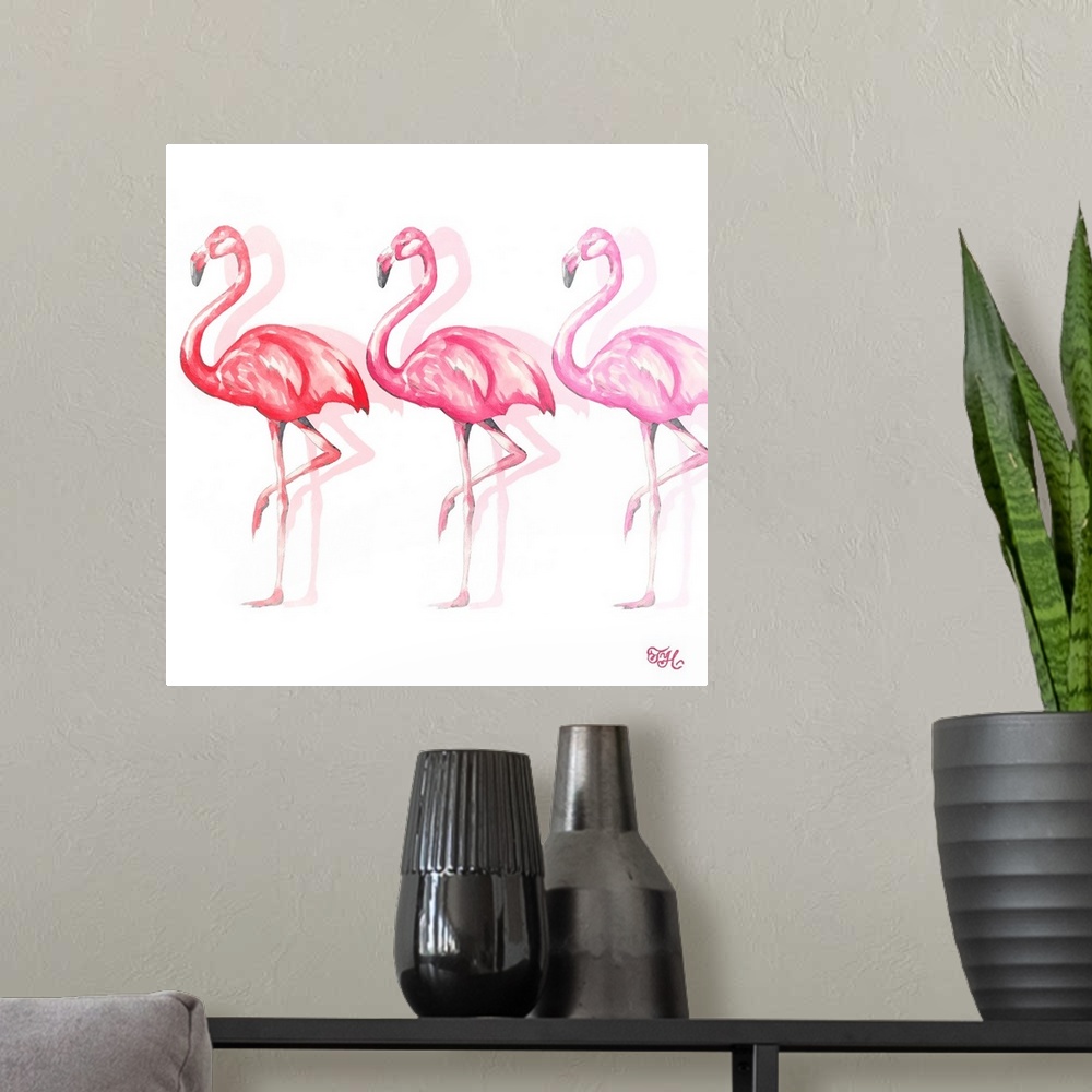 A modern room featuring Square art of three flamingos in different shades of pink walking behind each other with light sh...