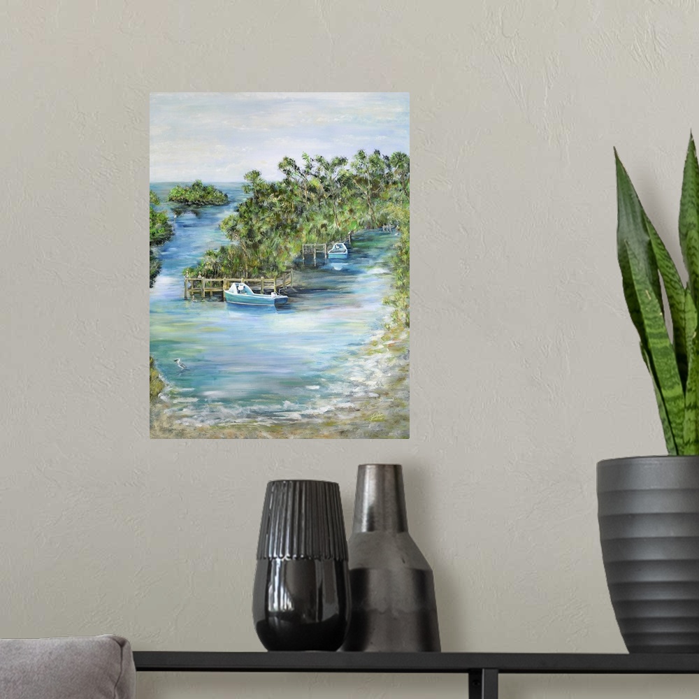 A modern room featuring Contemporary seascape artwork of boats docked at a tropical island.