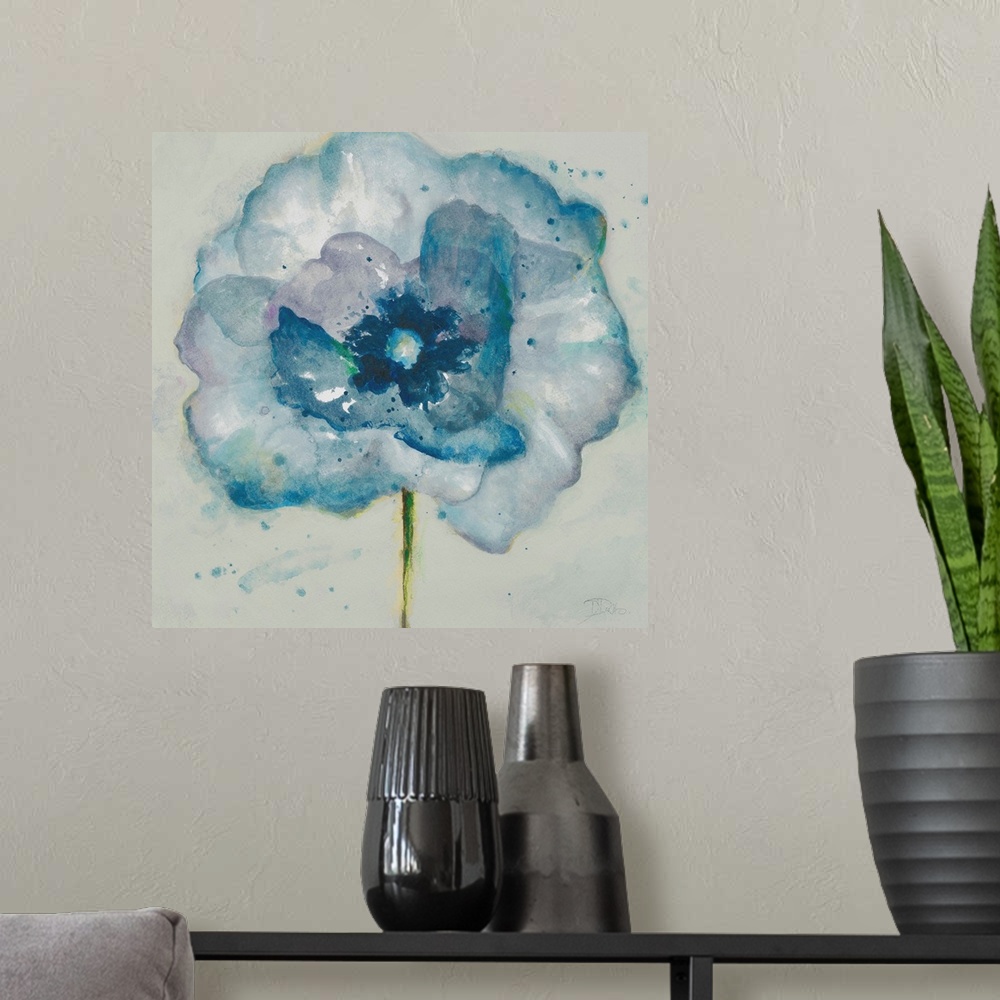 A modern room featuring Contemporary watercolor painting of a blue flower with a thin green stem.