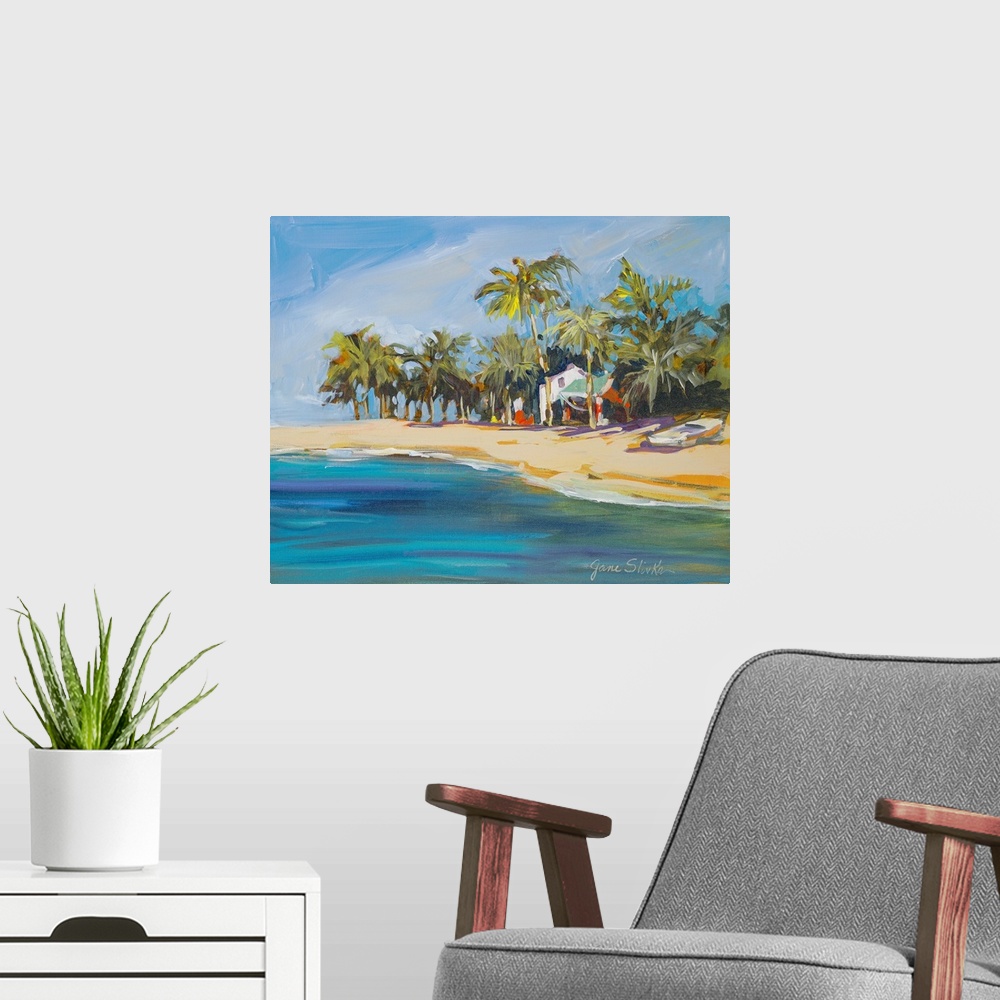 A modern room featuring Contemporary painting of a sandy Cuban coastline with several palm trees, a beach house, and a boat.