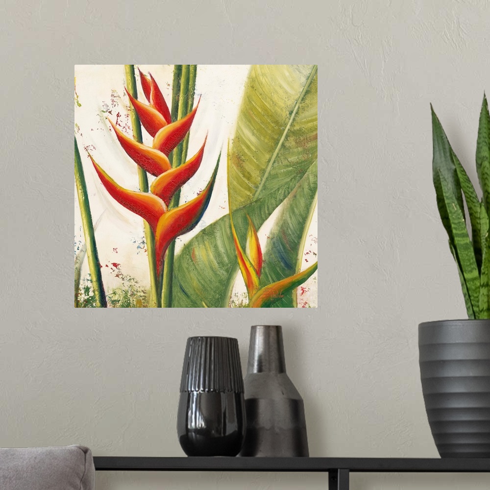 A modern room featuring Heliconias With Leaves I